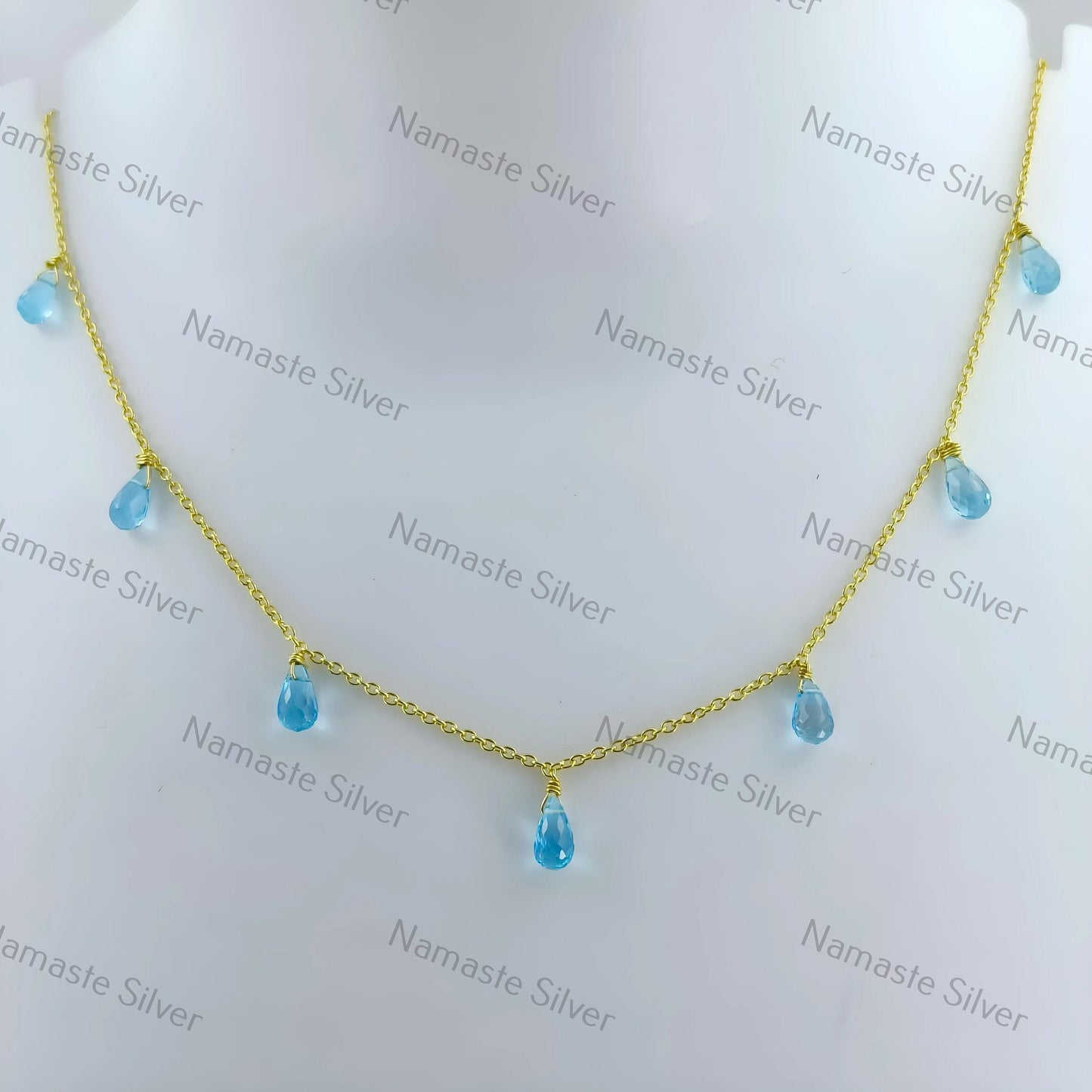 Blue Topaz Necklace, 925 Sterling Silver Handmade Gold Filled Necklace, Natural Blue Gemstone Tear Drops Beads Jewelry, Elegant Gift for Her