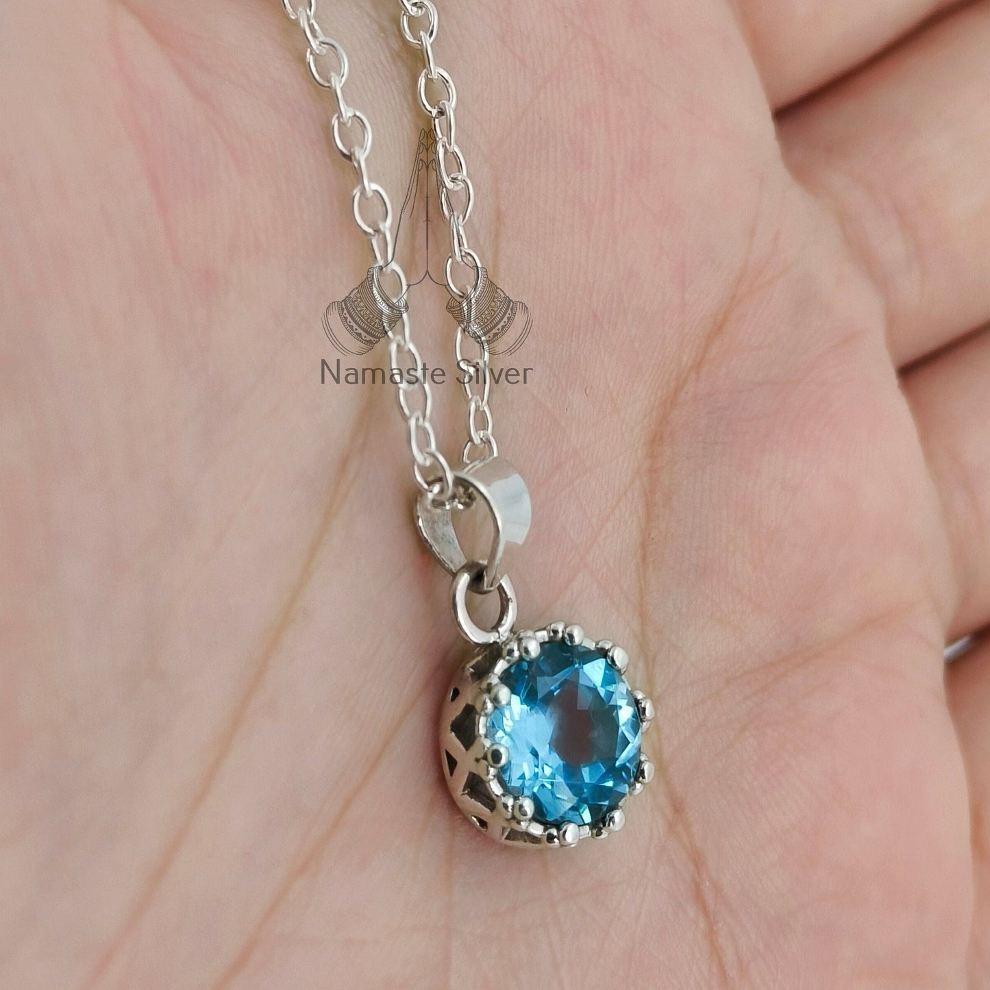 Blue Topaz Necklace, 925 Sterling Silver Pendant, Dainty Chain Locket, Natural Blue Topaz Round Gemstone Handmade Boho Jewelry, Gift for her