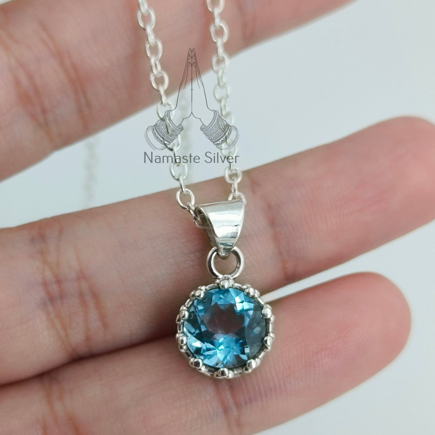 Blue Topaz Necklace, 925 Sterling Silver Pendant, Dainty Chain Locket, Natural Blue Topaz Round Gemstone Handmade Boho Jewelry, Gift for her