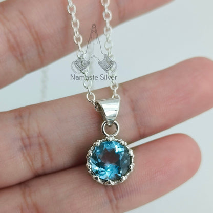 Blue Topaz Necklace, 925 Sterling Silver Pendant, Dainty Chain Locket, Natural Blue Topaz Round Gemstone Handmade Boho Jewelry, Gift for her