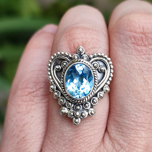 Blue Topaz Ring, 925 Sterling Silver Promise Ring, Natural Topaz Oval Gemstone Handmade Heart Jewelry, December Birthstone, Gift for Her