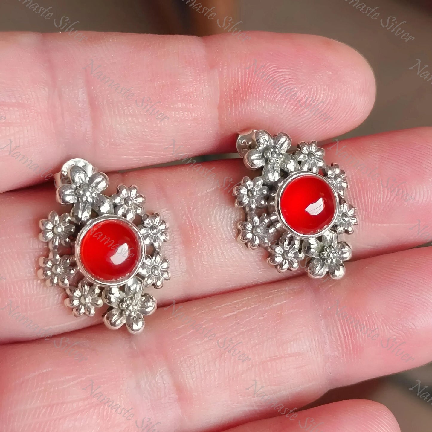 Carnelian Earrings, 925 Sterling Silver Floral Earrings, Natural Carnelian Round Gemstone Handmade Jewelry, July Birthstone, Gift for Her