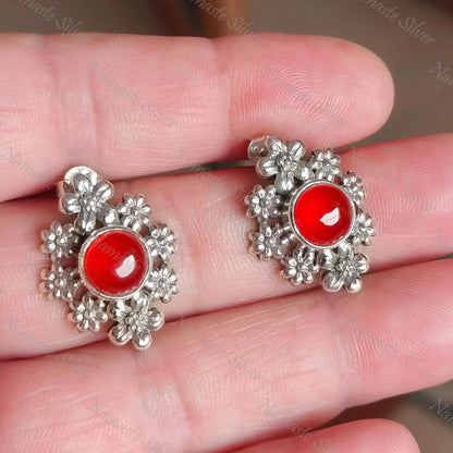 Carnelian Earrings, 925 Sterling Silver Floral Earrings, Natural Carnelian Round Gemstone Handmade Jewelry, July Birthstone, Gift for Her