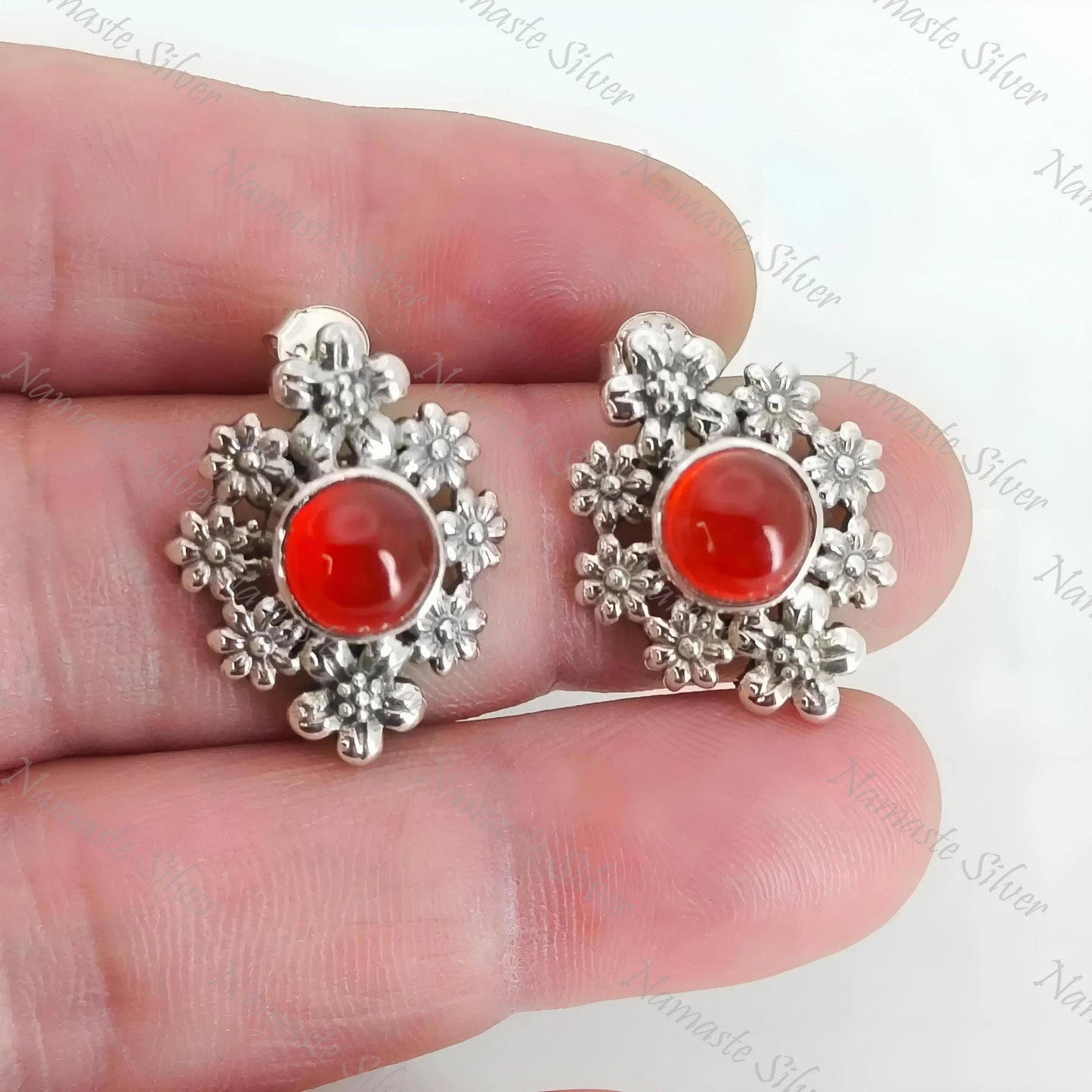 Carnelian Earrings, 925 Sterling Silver Floral Earrings, Natural Carnelian Round Gemstone Handmade Jewelry, July Birthstone, Gift for Her