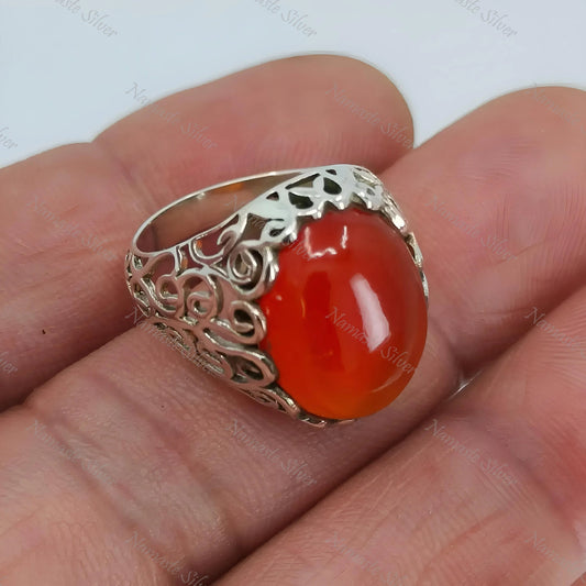 Carnelian Ring, 925 Sterling Silver Statement Promise Ring, Natural Carnelian Oval Gemstone Handmade Boho Jewelry, July Birthstone Gift