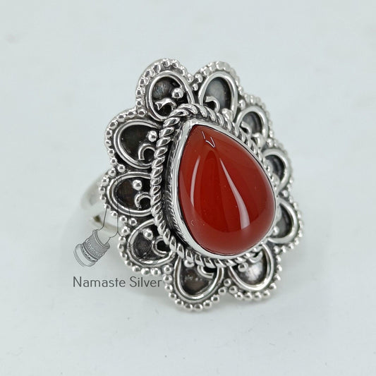 Carnelian Ring, 925 Sterling Silver Statement Promise Ring, Natural Carnelian Pearshape Gemstone Handmade Boho Jewelry, July Birthstone Gift