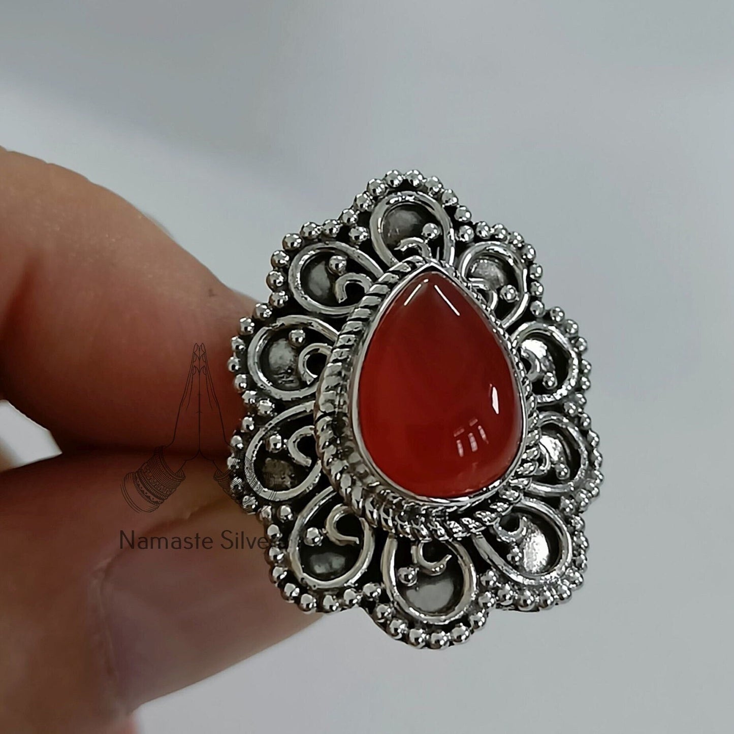 Carnelian Ring, 925 Sterling Silver Statement Promise Ring, Natural Carnelian Pearshape Gemstone Handmade Boho Jewelry, July Birthstone Gift