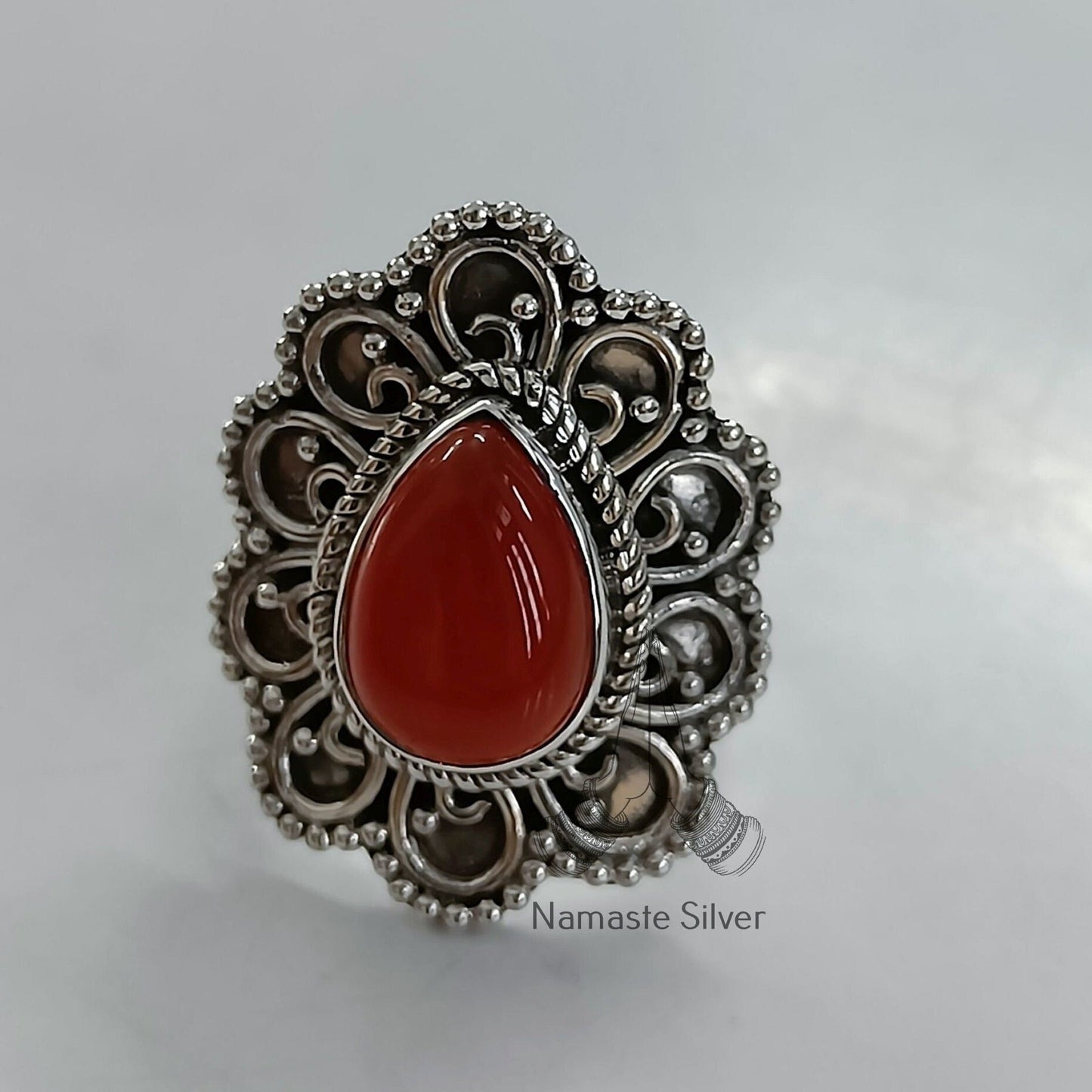 Carnelian Ring, 925 Sterling Silver Statement Promise Ring, Natural Carnelian Pearshape Gemstone Handmade Boho Jewelry, July Birthstone Gift