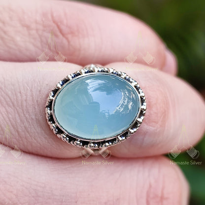 Chalcedony Ring, 925 Sterling Silver Handmade Statement Promise Ring, Natural Chalcedony Oval Gemstone Jewelry, May Birthstone, Gift For Her
