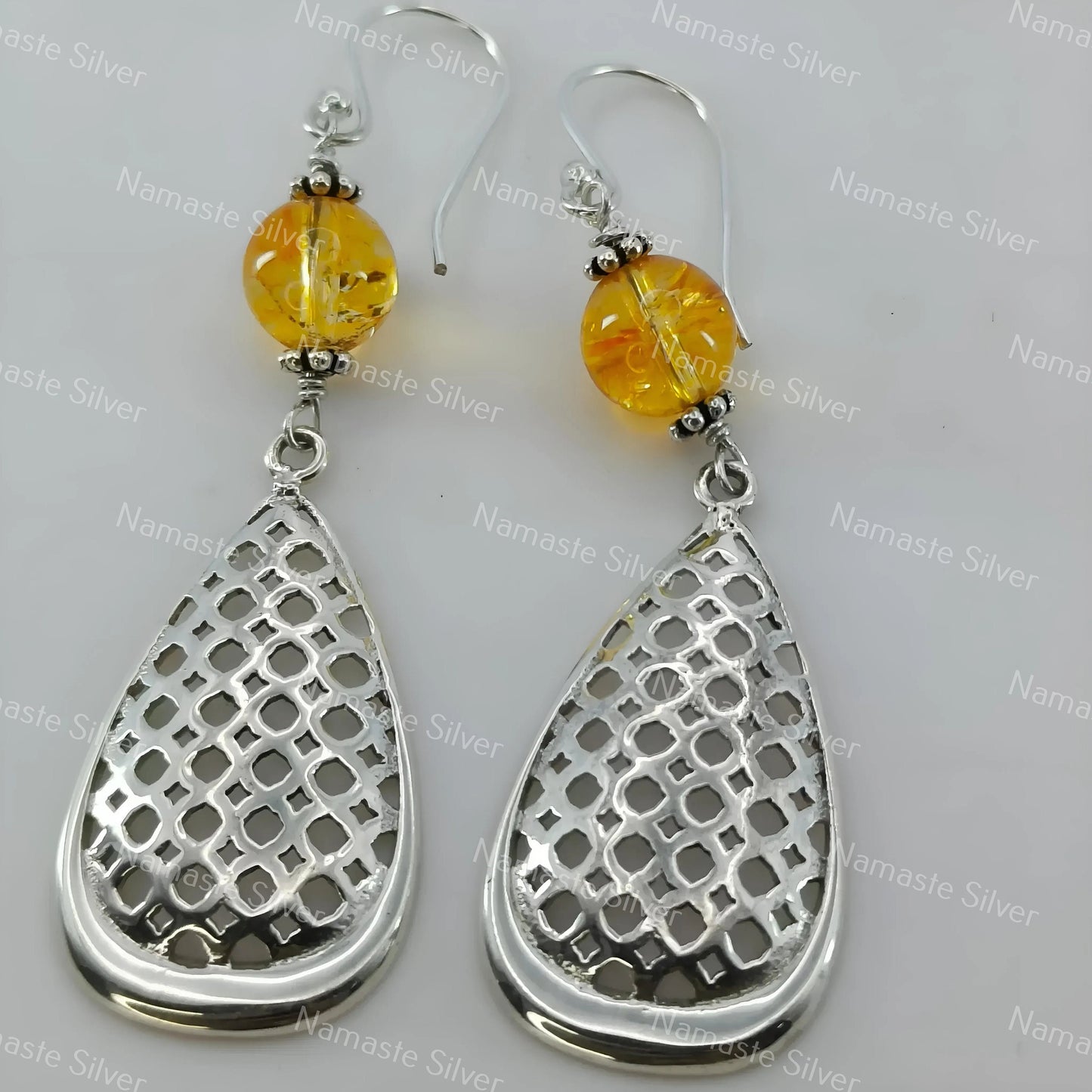 Citrine Dangle Earrings, 925 Sterling Silver Pear Shape Mesh Earrings, Natural Yellow Round Beads Gemstone Handmade Jewelry, Gift for Her