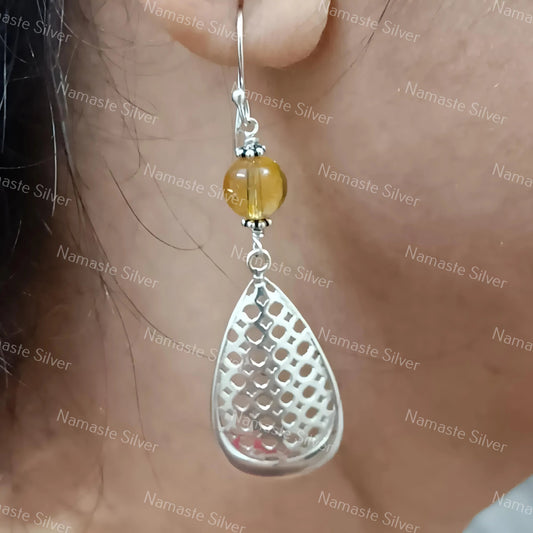Citrine Dangle Earrings, 925 Sterling Silver Pear Shape Mesh Earrings, Natural Yellow Round Beads Gemstone Handmade Jewelry, Gift for Her