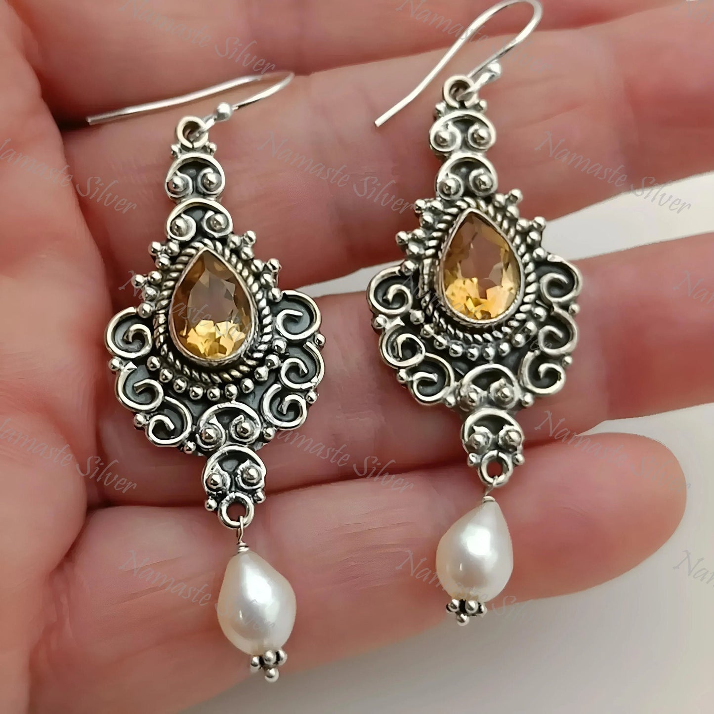 Citrine Pearl Earrings, 925 Sterling Silver Dangle Drop Earrings, Freshwater Pearl, Natural Citrine Pear shape Gemstone Jewelry, Boho Gift