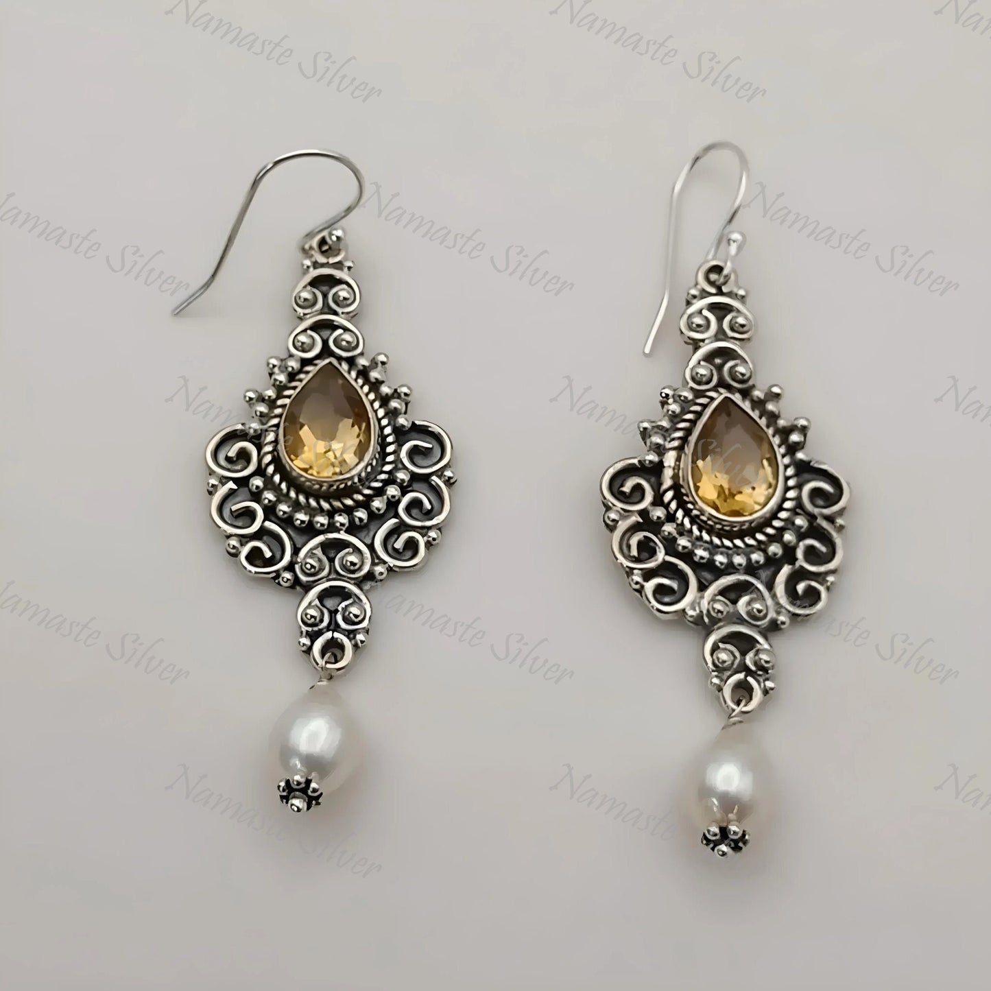 Citrine Pearl Earrings, 925 Sterling Silver Dangle Drop Earrings, Freshwater Pearl, Natural Citrine Pear shape Gemstone Jewelry, Boho Gift