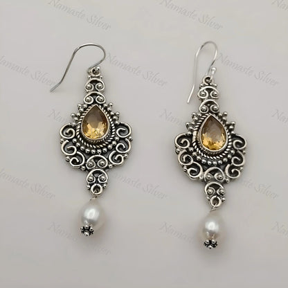 Citrine Pearl Earrings, 925 Sterling Silver Dangle Drop Earrings, Freshwater Pearl, Natural Citrine Pear shape Gemstone Jewelry, Boho Gift