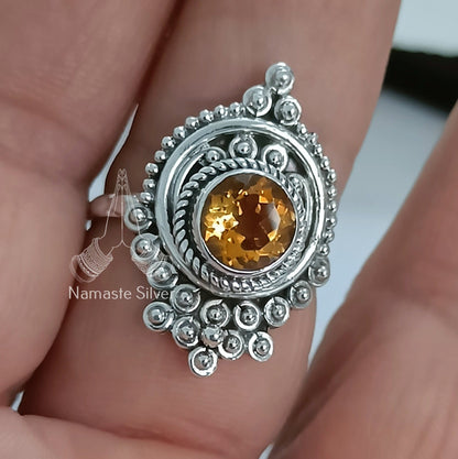 Citrine Ring, 925 Sterling Silver Promise Ring, Natural Yellow Citrine Round Gemstone Handmade Jewelry, November Birthstone, Gift For Her