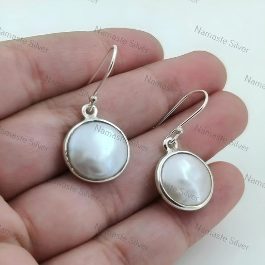 Coin Pearl Dangle Earrings, Sterling Silver Pearl Earrings, Handmade Freshwater Coin Pearl Jewelry, June Birthstone, Elegant Gift for Her
