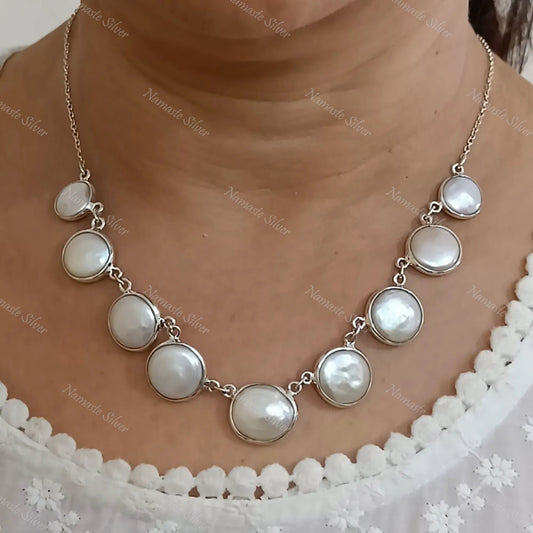 Coin Pearl Necklace, 925 Sterling Silver Choker Necklace, Freshwater Coin Pearl Handmade Boho Jewelry, June Birthstone, Unique Gift For Her