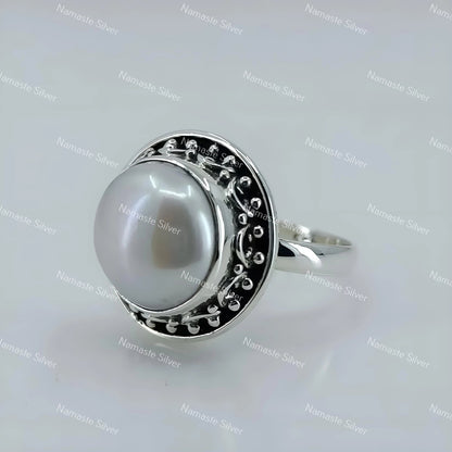 Pearl Ring, 925 Sterling Silver Statement Promise Ring for Women, Freshwater Coin Pearl Handmade Boho Jewelry, June Birthstone, Gift for Her