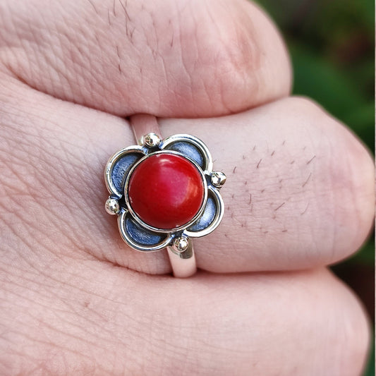 Coral Silver Ring, 925 Sterling Silver, Handmade Ring, Red Coral Gemstone, Round Shape Coral, Coral Silver Jewelry, Red Coral Silver Ring