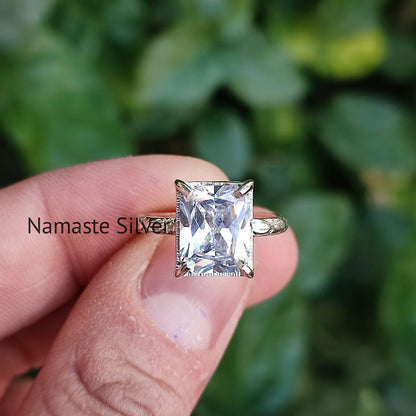 Cubic Zirconia Ring, 925 Sterling Silver Promise Ring, Zirconia Emerald Cut Handmade Boho Jewelry, Gift for Her, CZ Solitaire Wedding Ring
