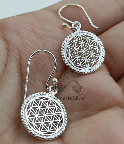 Flower of Life Earrings, 925 Sterling Silver Handmade Dangle Earrings, Flower of Life Circle Jewelry, Gift for Her Birthday Anniversary