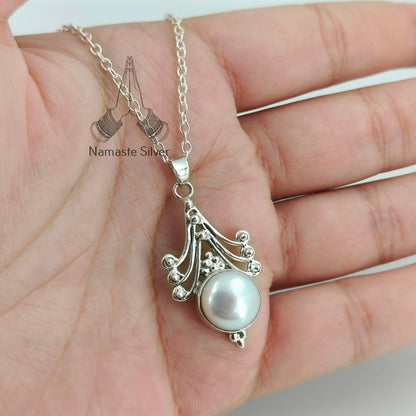 Pearl Necklace, 925 Sterling Silver Pendant Chain Necklace for Women, Gift for her, Freshwater Pearl Handmade Jewelry, June Birthstone Gift