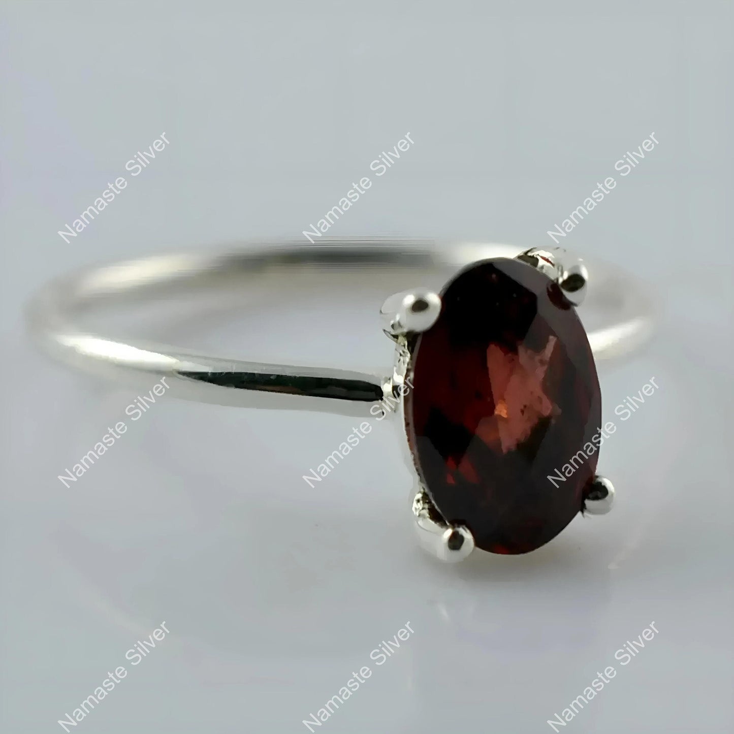 Garnet Ring, 925 Sterling Silver Dainty Promise Ring, Natural Garnet Checker Oval Handmade Jewelry, January Birthstone, Unique Gift for Her