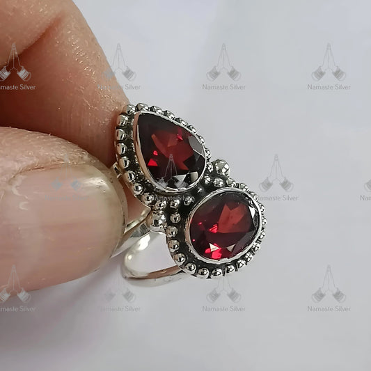 Garnet Ring, 925 Sterling Silver Handmade Statement Promise Ring, Natural Garnet Dual Gemstone Jewelry, January Birthstone, Gift for her