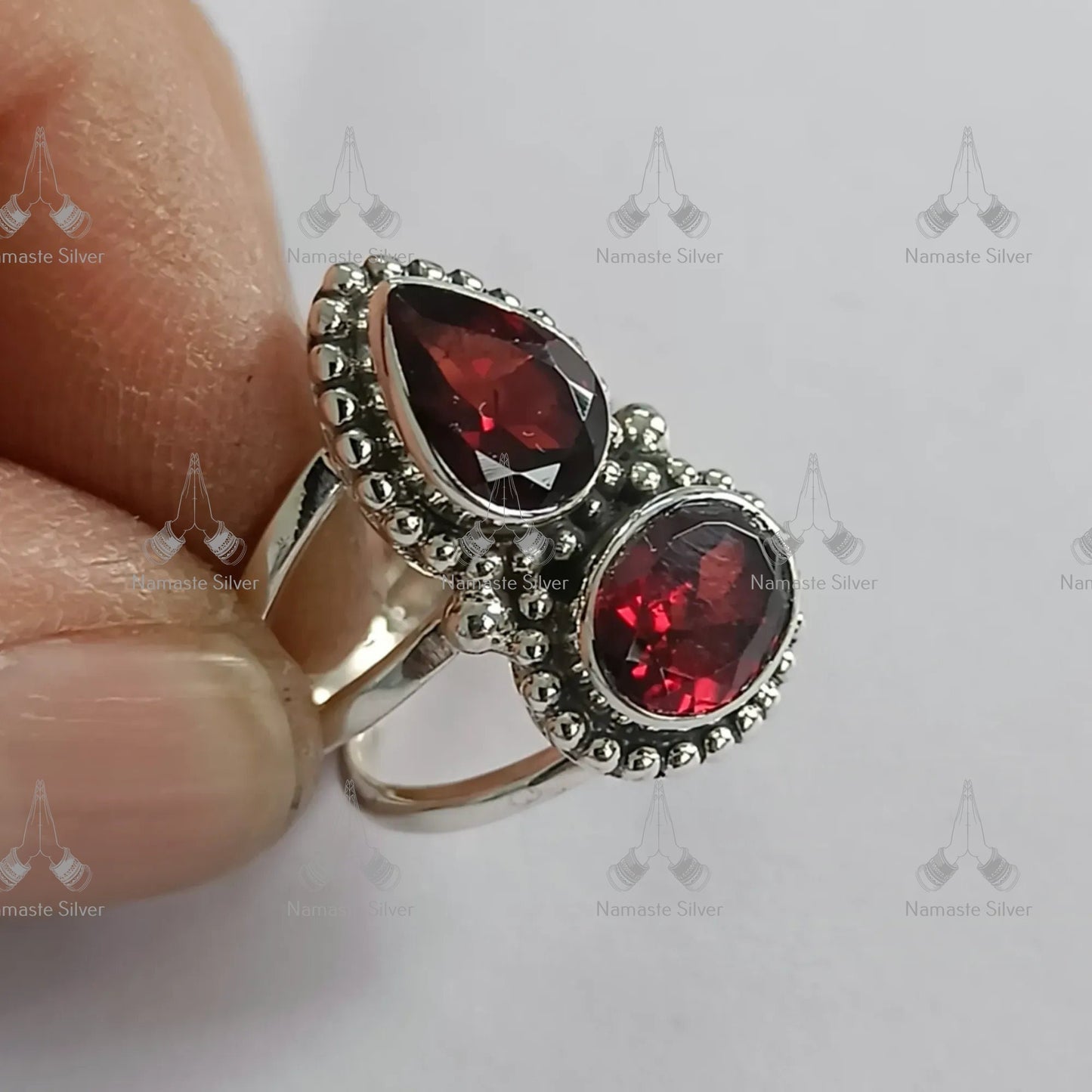 Garnet Ring, 925 Sterling Silver Handmade Statement Promise Ring, Natural Garnet Dual Gemstone Jewelry, January Birthstone, Gift for her
