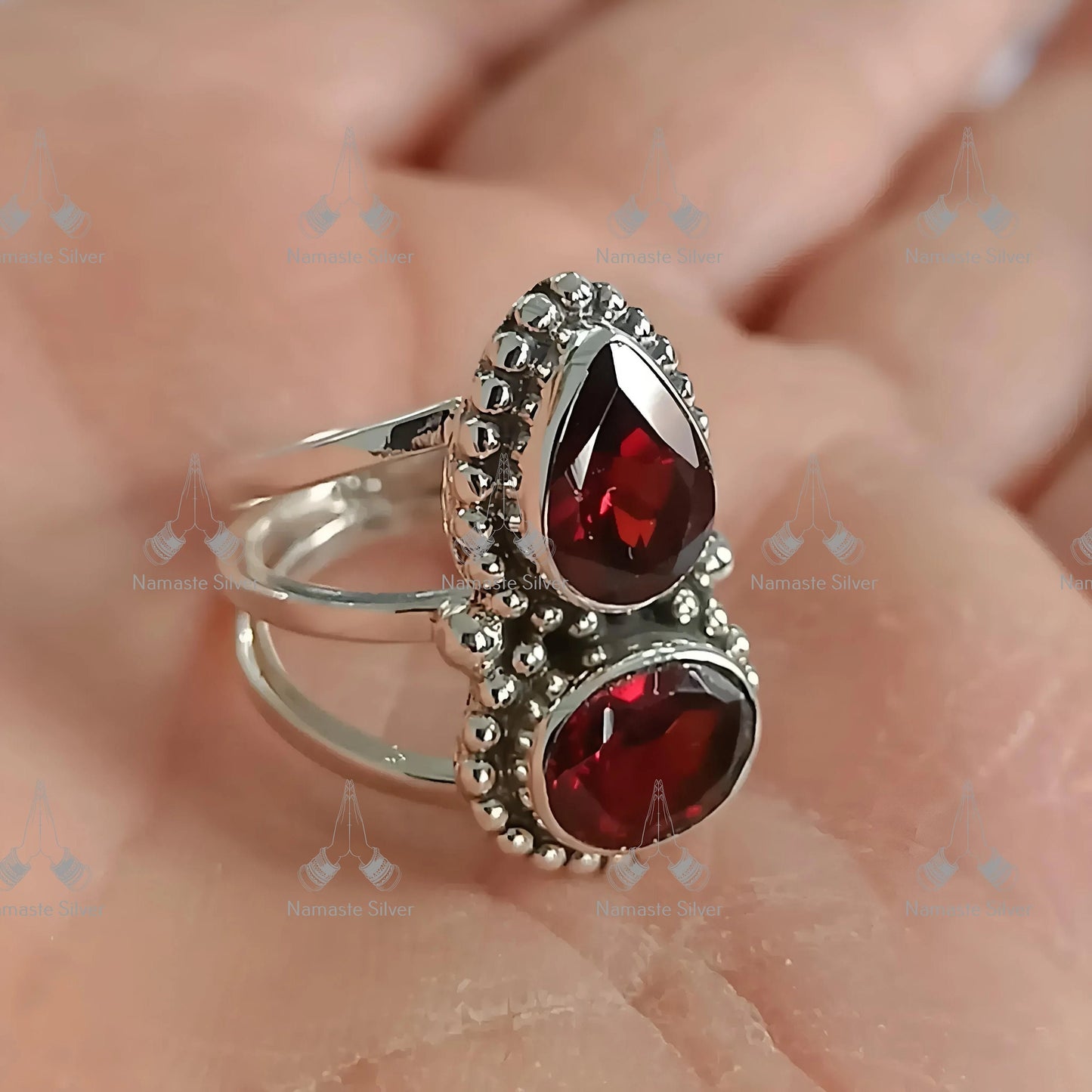 Garnet Ring, 925 Sterling Silver Handmade Statement Promise Ring, Natural Garnet Dual Gemstone Jewelry, January Birthstone, Gift for her