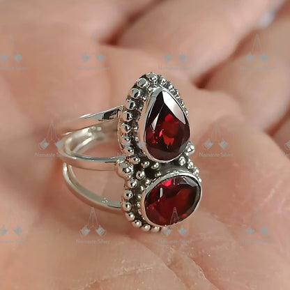 Garnet Ring, 925 Sterling Silver Handmade Statement Promise Ring, Natural Garnet Dual Gemstone Jewelry, January Birthstone, Gift for her