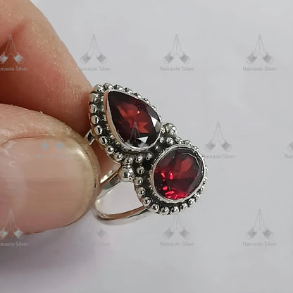 Garnet Ring, 925 Sterling Silver Handmade Statement Promise Ring, Natural Garnet Dual Gemstone Jewelry, January Birthstone, Gift for her