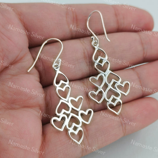 Geometric Heart Dangle Earrings, Handcrafted 925 Sterling Silver Heart Jewelry, Heart to Heart Dangle Earrings for Women, Gift For Her