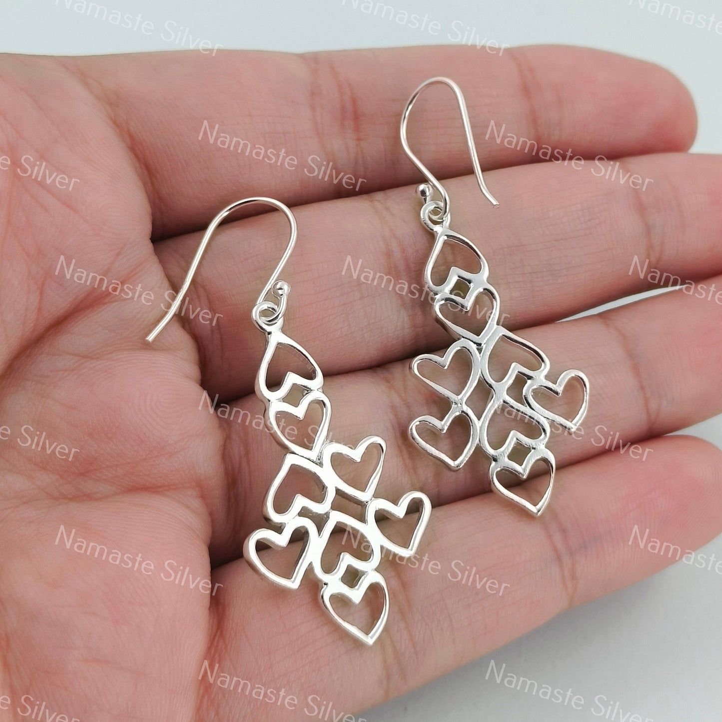 Geometric Heart Dangle Earrings, Handcrafted 925 Sterling Silver Heart Jewelry, Heart to Heart Dangle Earrings for Women, Gift For Her
