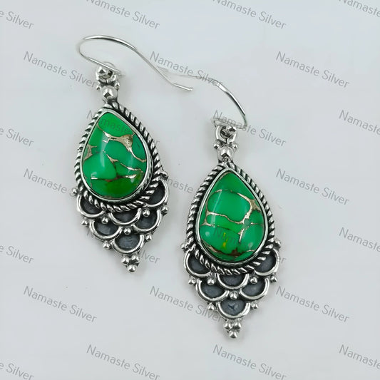 Green Copper Turquoise Dangle Earrings, 925 Sterling Silver Handmade Boho Jewelry, Pear-Shaped Gemstones, December Birthstone, Gift for Her