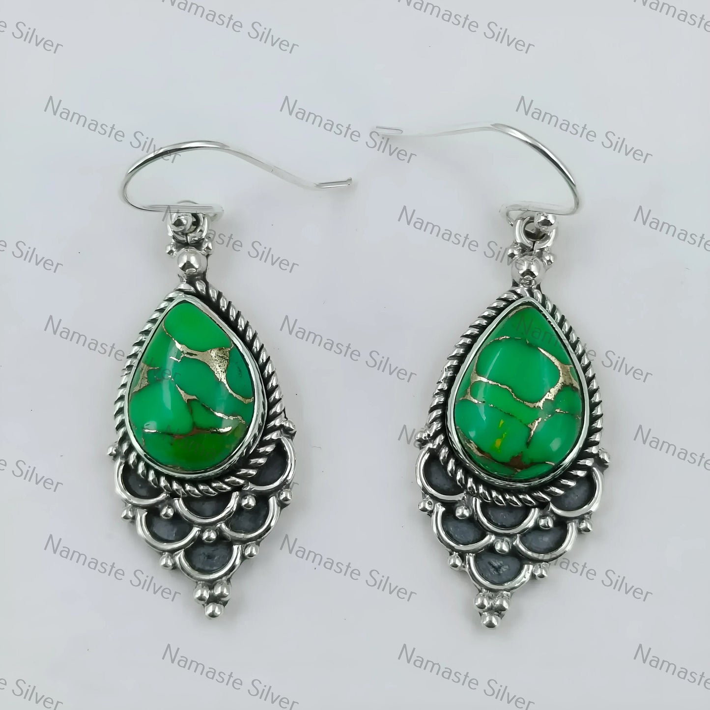 Green Copper Turquoise Dangle Earrings, 925 Sterling Silver Handmade Boho Jewelry, Pear-Shaped Gemstones, December Birthstone, Gift for Her