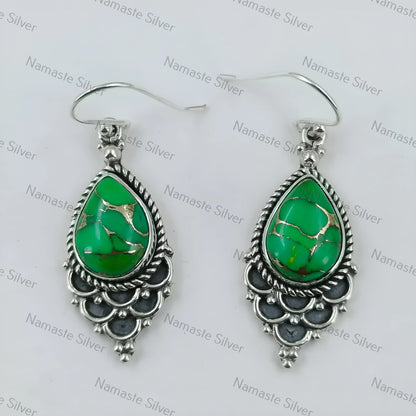Green Copper Turquoise Dangle Earrings, 925 Sterling Silver Handmade Boho Jewelry, Pear-Shaped Gemstones, December Birthstone, Gift for Her