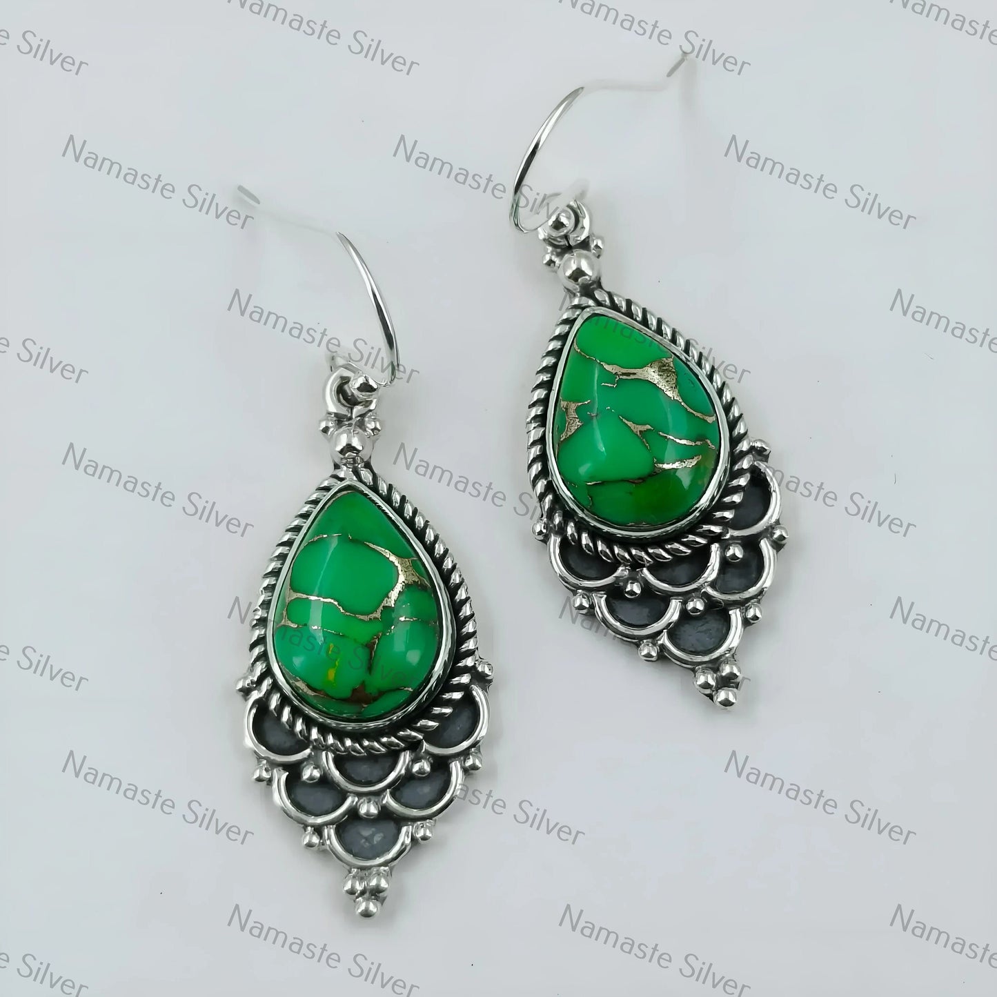 Green Copper Turquoise Dangle Earrings, 925 Sterling Silver Handmade Boho Jewelry, Pear-Shaped Gemstones, December Birthstone, Gift for Her