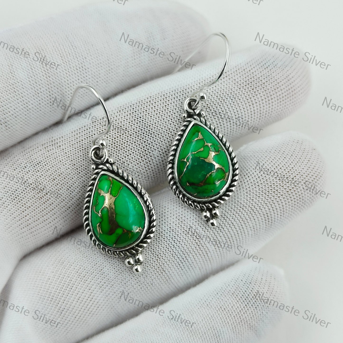Green Turquoise Earrings, Sterling Silver Dangle Earrings, Green Copper Turquoise Handmade Boho Jewelry, December Birthstone, Gift for Her