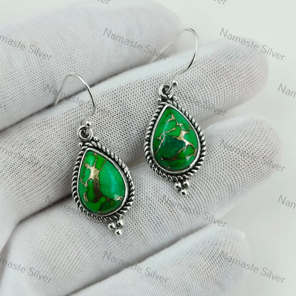 Green Turquoise Earrings, Sterling Silver Dangle Earrings, Green Copper Turquoise Handmade Boho Jewelry, December Birthstone, Gift for Her