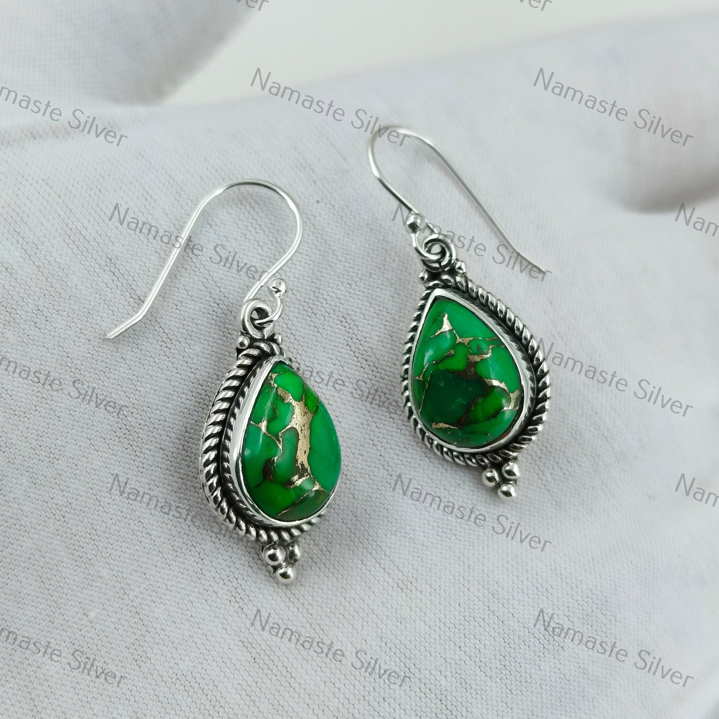 Green Turquoise Earrings, Sterling Silver Dangle Earrings, Green Copper Turquoise Handmade Boho Jewelry, December Birthstone, Gift for Her