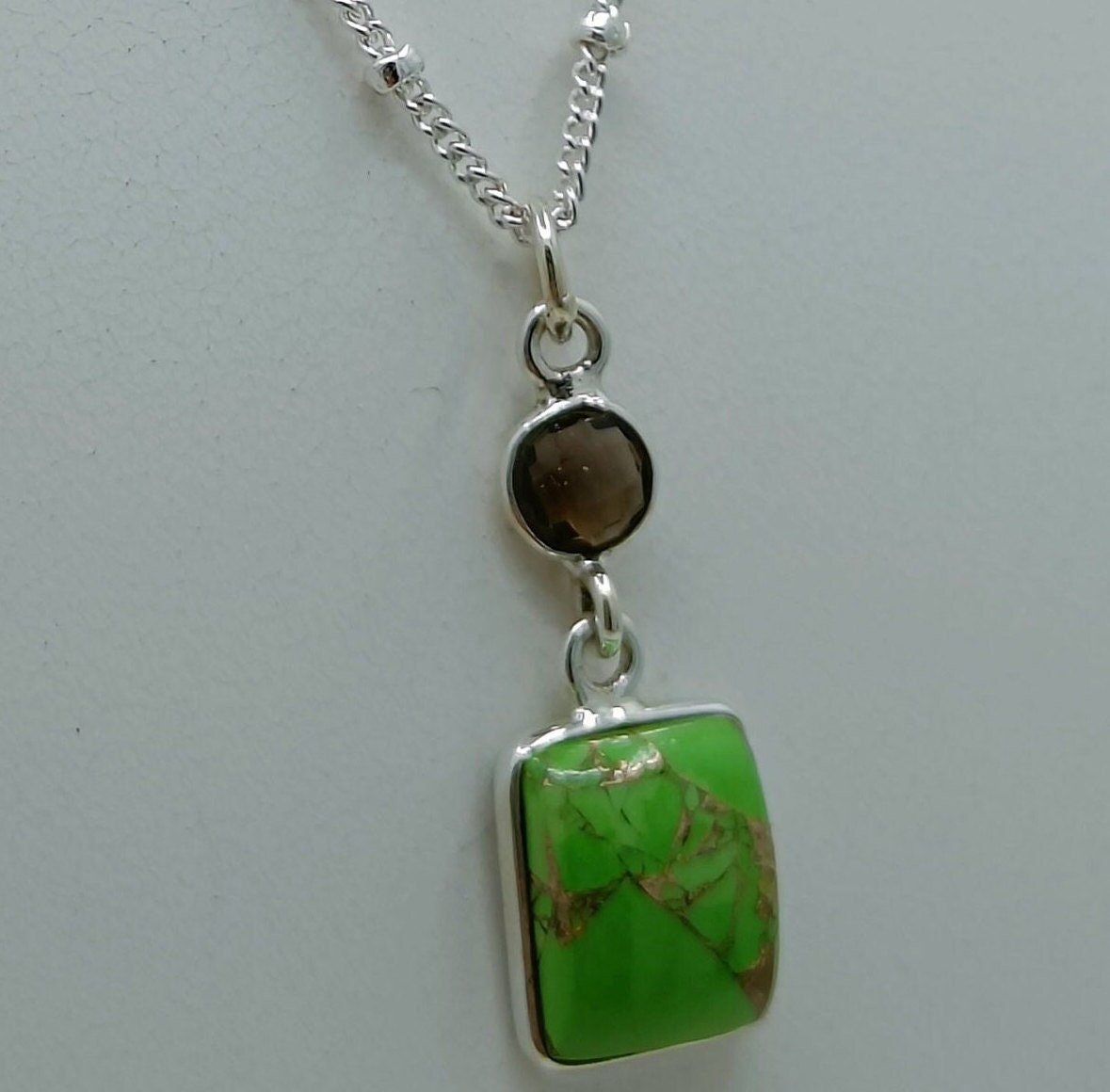 Green Copper Turquoise, Smoky Quartz Sterling Silver Handmade Necklace Dual Gemstone Pendant Chain Locket Gift for her Birthday Anniversary