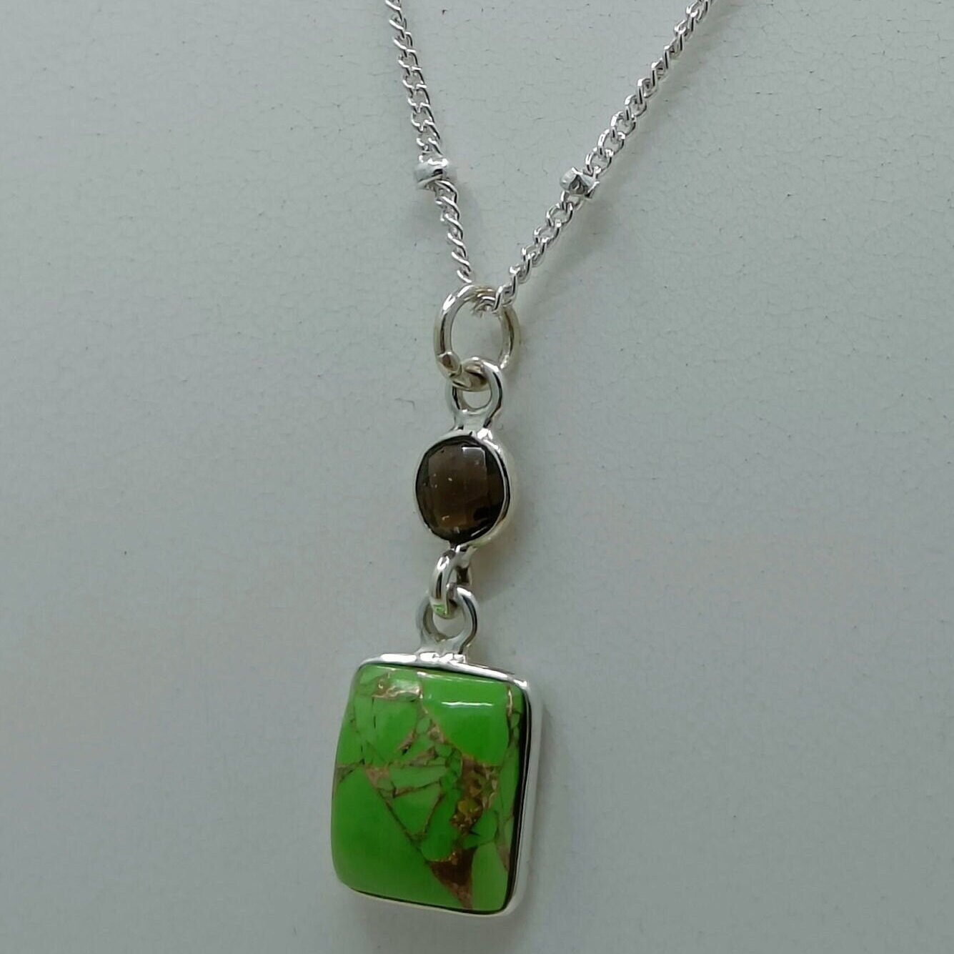 Green Copper Turquoise, Smoky Quartz Sterling Silver Handmade Necklace Dual Gemstone Pendant Chain Locket Gift for her Birthday Anniversary