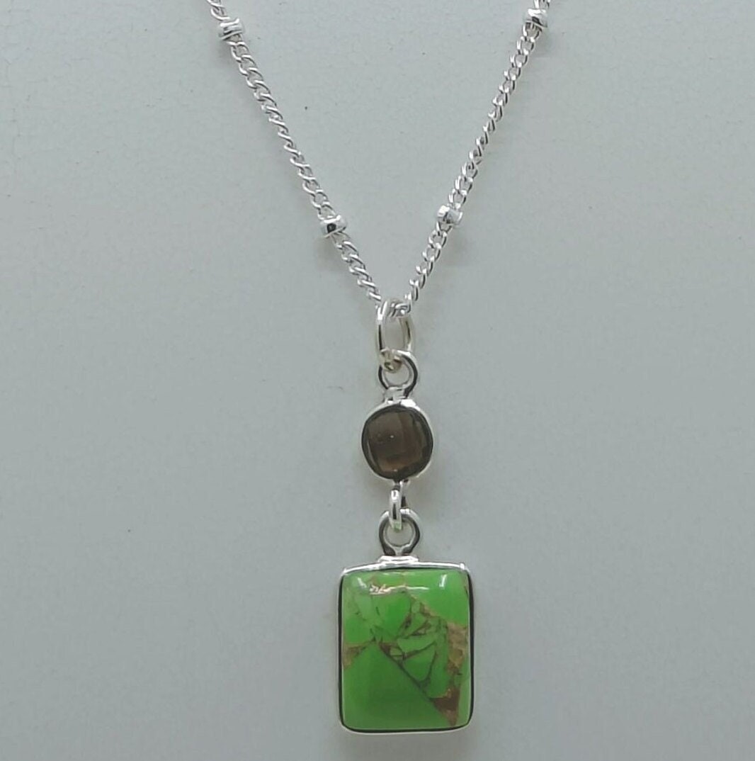 Green Copper Turquoise, Smoky Quartz Sterling Silver Handmade Necklace Dual Gemstone Pendant Chain Locket Gift for her Birthday Anniversary