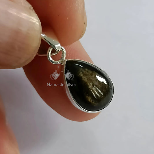 Gold Sheen Obsidian Pendant, 925 Sterling Silver Handmade Locket, Natural Gold Sheen Obsidian Pear Shape Gemstone Jewelry, Gift for Her