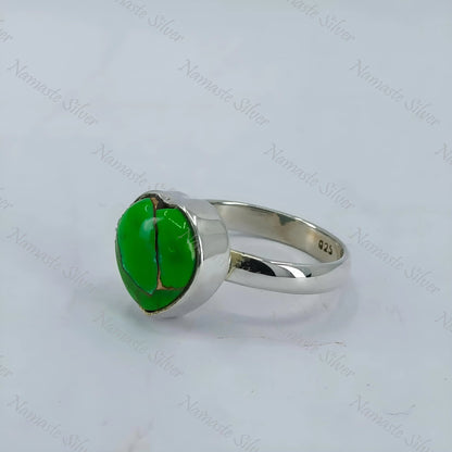 Green Turquoise Ring, 925 Sterling Silver Statement Promise Ring, Green Copper Turquoise Heart Shape Gemstone Handmade Jewelry, Gift for her