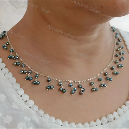 Grey Pearl Necklace, 925 Sterling Silver Choker Necklace, Freshwater Grey Pearl Beads Handmade Boho Jewelry, June Birthstone, Gift for Her