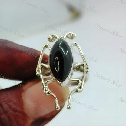 Insect Ring, Handmade 925 Sterling Silver Insect Jewelry, Natural Black Gemstone Marquise Bug Ring, July Birthstone, Gift for her