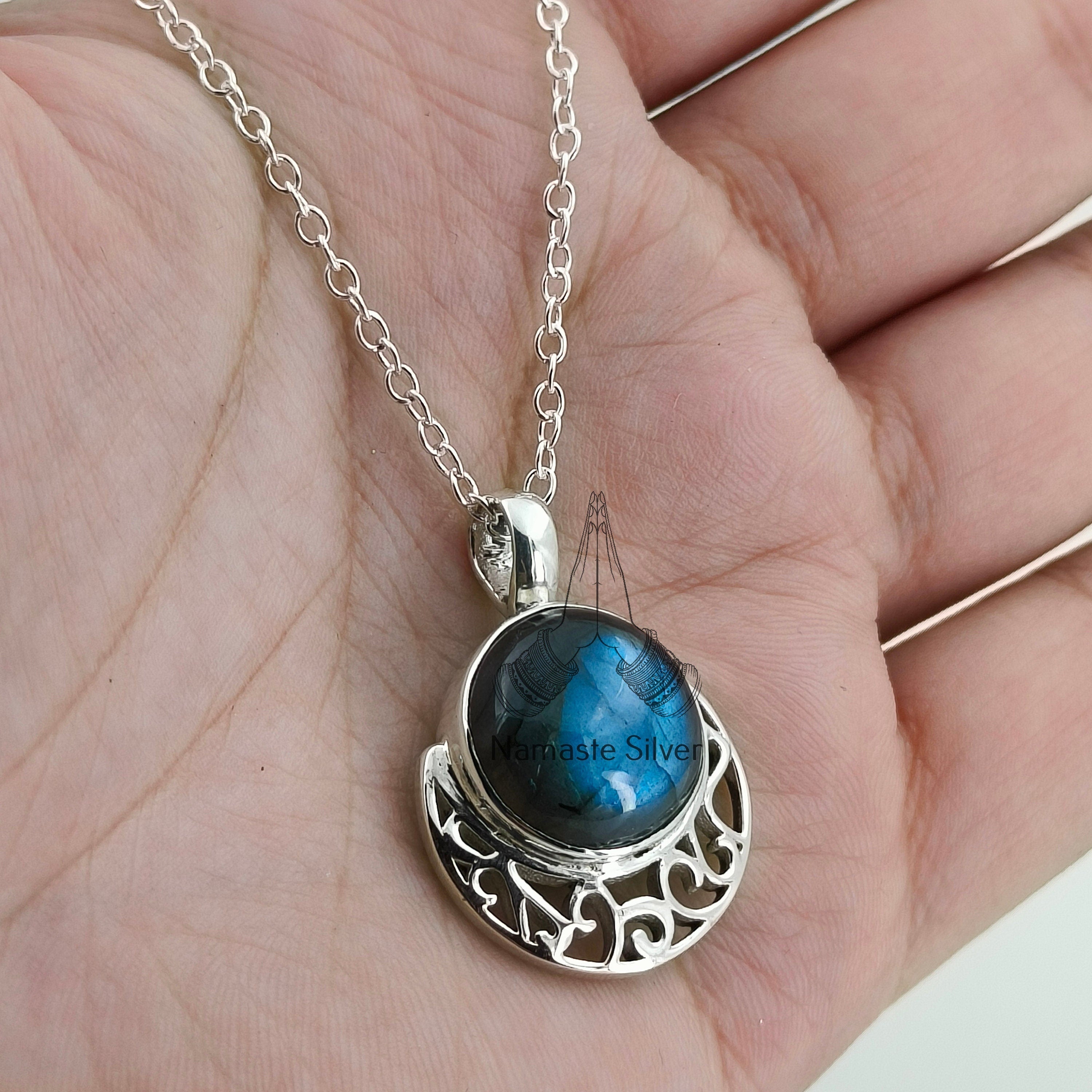 Labradorite Necklace, 925 Sterling Silver Handmade Necklace, Natural Labradorite Round Gemstone Pendant Jewelry, Gift for Her,