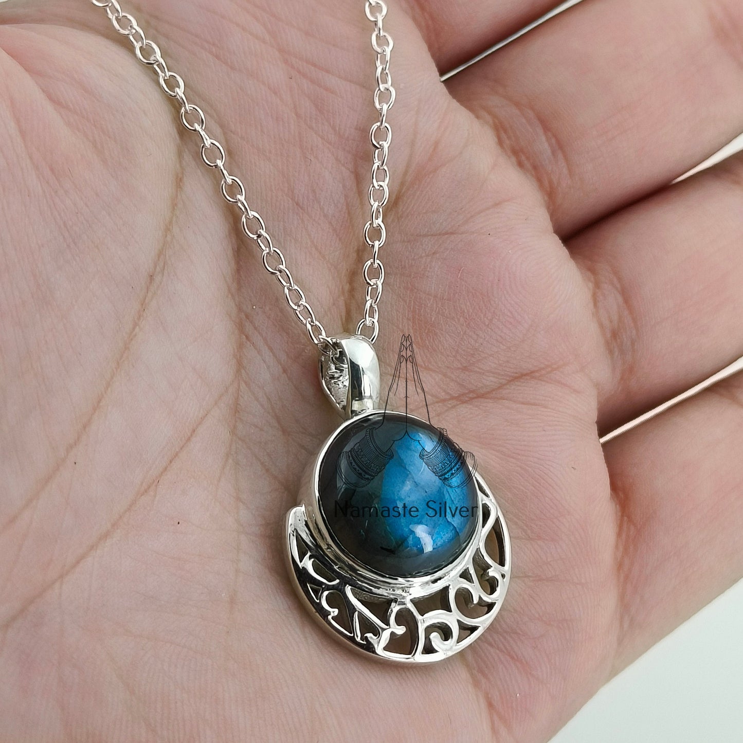 Labradorite Necklace, 925 Sterling Silver Handmade Necklace, Natural Labradorite Round Gemstone Pendant Jewelry, Gift for Her,